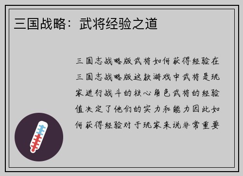 三国战略：武将经验之道